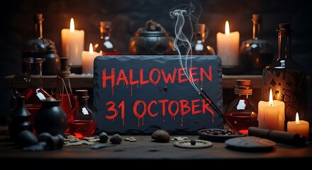 Halloween setup with potions, candles, and spooky sign.