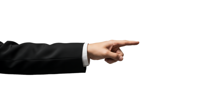 Hand pointing to the right with index finger, formal attire, isolated on white background