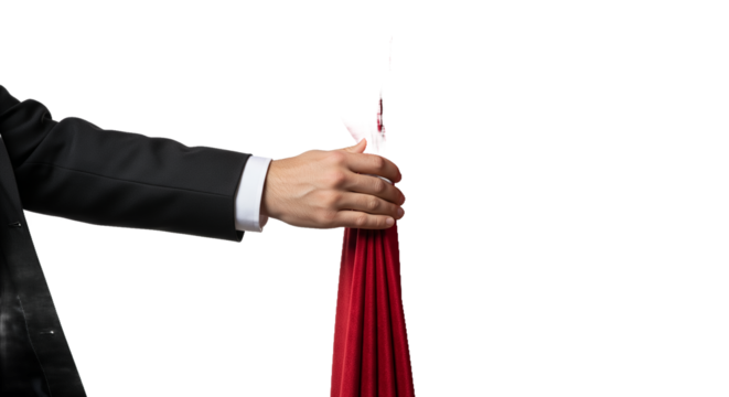 Hand pulling luxurious red velvet curtain to reveal a white background with ample copy space, signifying an opening, presentation, or new opportunity. Theatrical reveal concept.