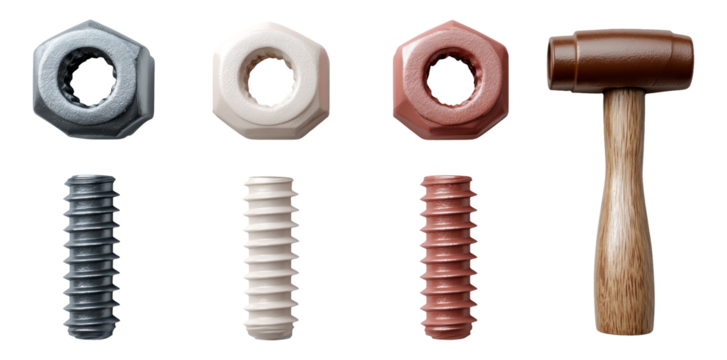 Close-Up of Various Nuts, Bolts, and a Hammer on Transparent Background