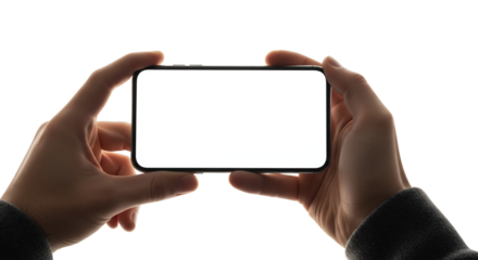 Hands holding a modern smartphone horizontally with a blank white screen, ready for content