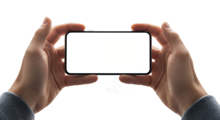 Hands holding a modern smartphone with a blank white screen in landscape orientation