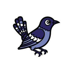 A charming illustration of a stylized bird, featuring a dark blue body, white accents, and a detailed tail.