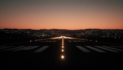 Fototapeta premium A long, dark runway stretches toward a city of twinkling lights, bathed in the soft hues of a twilight sunset.
