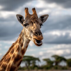 Naklejka premium Giraffe with open mouth and towering neck gazing across the cloudy African savanna, showcasing spotted coat and graceful profile