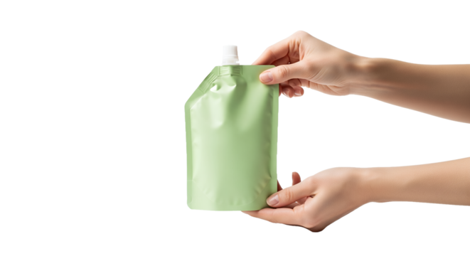 Hands Holding Green Pouch Mockup, Product Packaging, Food or Beverage Container, Blank Template, Spout Pouch, Clean Presentation, Isolated on White - Powered by Adobe
