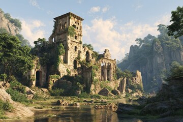 Ancient weathered stone structure on a river surrounded by lush vegetation, evoking a sense of history and ruin.