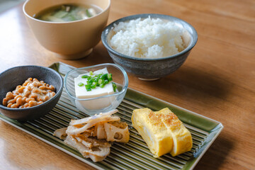 Traditional Japanese breakfast with miso soup and natto
