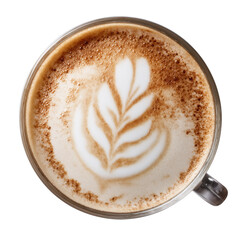 cappuccino coffee isolated on transparent background, top view, view from above, delicious cappuccino coffee drink in glass cup hot beverage, for cafe, coffee shop, menu PNG