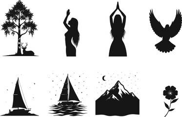 Silhouette collection, tree with deer, yoga woman, flying bird, sailboat, mountain landscape, flower design, nature elements, black vector illustration