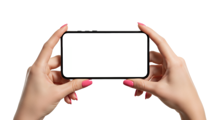 Holding a Blank Screen Smartphone, Horizontal Orientation, Pink Fingernails