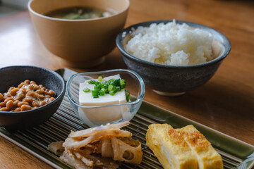 Traditional Japanese breakfast with miso soup and natto
