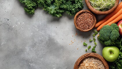 Assorted fresh fruits and vegetables arranged in wooden bowls on a textured grey surface, showcasing a healthy lifestyle.