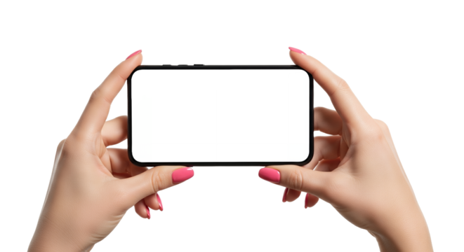 Holding a Blank Screen Smartphone, Horizontal Orientation, Pink Fingernails