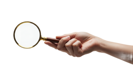 Human hand holding a classic magnifying glass with a golden frame and wooden handle against a crisp white background, perfect for concepts of search, discovery, research, investigation, focus, at