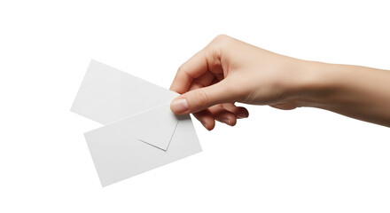 Human Hand Presenting or Exchanging Blank White Cards on a Pure White Background, Ideal for Custom Messages, Business Communication, Invitations, or as a Versatile Design Template with Copy Space
