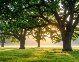 Obraz premium Sunlight filters through ancient oaks in a misty morning meadow