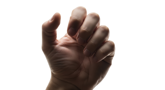 Human Hand in Gripping or Reaching Gesture Silhouetted Against a Stark White Background, Conveying Concepts of Interaction, Connection, and Abstract Human Action with Dramatic Lighting and Copy S