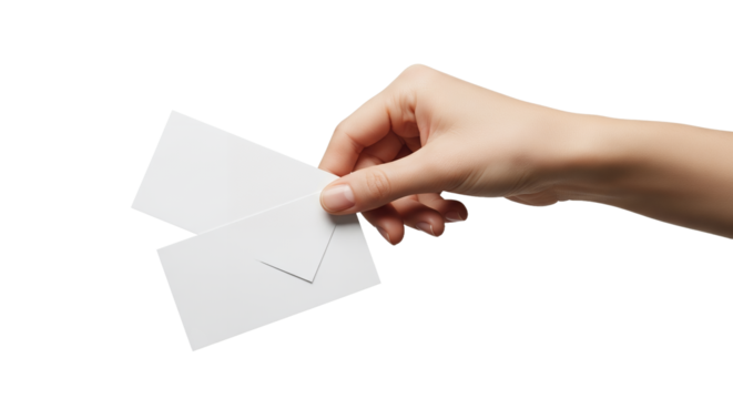 Human Hand Presenting or Exchanging Blank White Cards on a Pure White Background, Ideal for Custom Messages, Business Communication, Invitations, or as a Versatile Design Template with Copy Space