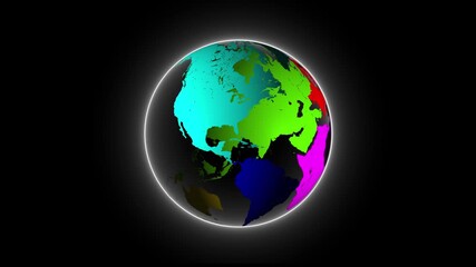 Seamless 3D rotating earth globe and continent borders with white neon effect isolated on black screen. - Powered by Adobe