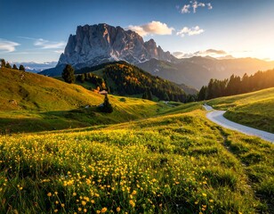 Scenic alpine meadow at sunset
