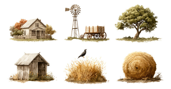 Rustic Farm Elements with Windmill, House, Wagon, Tree, Shed, and Haystack