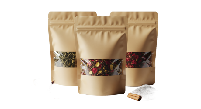 Kraft Paper Stand-Up Pouches with Clear Window Displaying Various Loose Leaf Teas and Aromatic Spices, Ideal for Product Mockup, Food Packaging, and Herbal Blends on Isolated White Background wit
