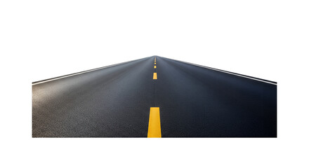 Long straight asphalt road with yellow dashed center lines and white solid edge markings, receding into the distance against a clean, brilliant white background, symbolizing journey, future, and