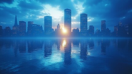Fototapeta premium City skyline silhouette at sunset, reflecting in calm water under a dramatic, cloudy sky