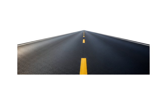 Long straight asphalt road with yellow dashed center lines and white solid edge markings, receding into the distance against a clean, brilliant white background, symbolizing journey, future, and