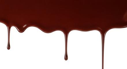 Melted Chocolate Sauce Dripping Down on a Clean White Background, Creating Rich Brown Liquid Trails and Glossy Drops. Delicious Sweet Dessert Topping Isolated.