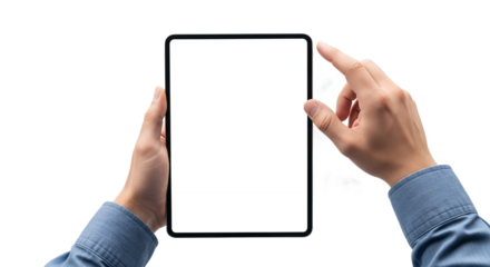 Man holding a tablet with a blank screen and touching the display, perfect for app and website design mockups