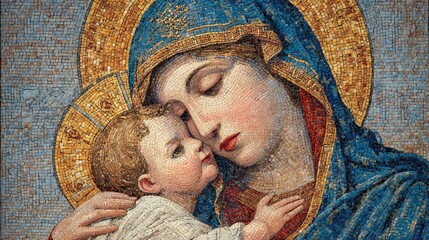 Mosaic Depiction of Madonna and Child, Artistic Religious Iconography with Golden Halo and Vibrant Blue Hues