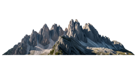 Majestic Mountain Range with Rugged Peaks, Isolated on White Background. Grand Rocky Landscape for Nature, Outdoor Adventure, and Wilderness Themes. Impressive Alpine Geology and Jagged Cliffs wi