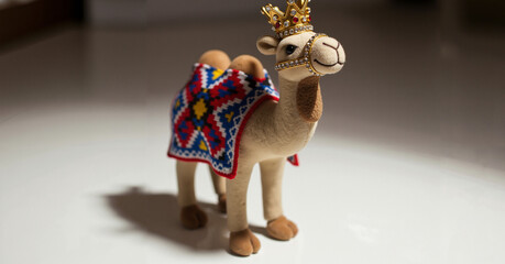 Soft camel figurine with a miniature crown and colorful blanket  