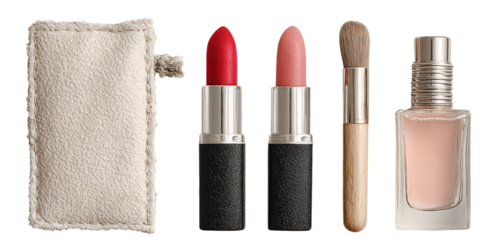 Isolated Beauty Products with Lipsticks, Brush, and Perfume on Transparent Background