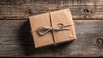 Fototapeta premium Rustic Wrapped Gift Box with Twine on Distressed Wood Background, High-Angle View for Commercial Use