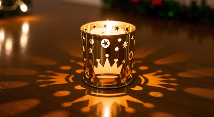 Festive candle with light pattern in crown design on table surface  
