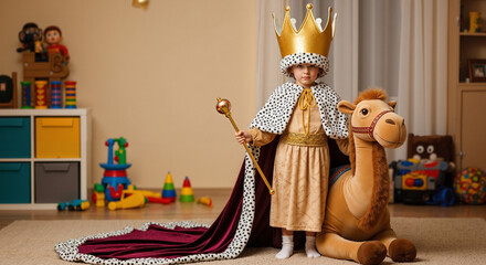 Child in oversized king costume standing next to plush camel in playroom  