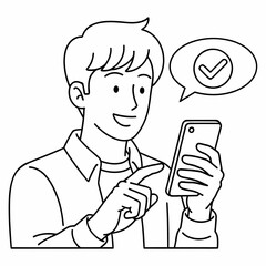 Smiling Young Man Receives Confirmation Check Mark Notification on Smartphone