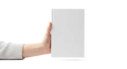 Minimalist White Book or Notebook Mockup Held by a Hand, Ready for Custom Cover Design and Branding Against a Clean Isolated Background with Copy Space