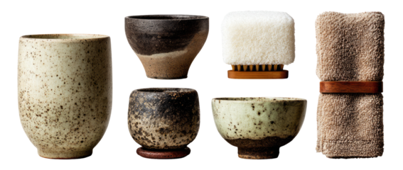 Assortment of Textured Pottery Vessels on Isolated Transparent Background