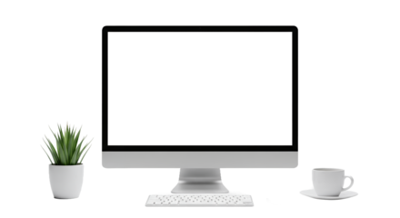Modern Desktop Computer with Blank White Screen Mockup on Minimalist Office Desk. Clean Workspace Setup with Keyboard, Mouse, Potted Plant, and Coffee Cup for Digital Product, Website, or App UI