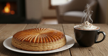 Traditional baptism cake next to a cup of hot chocolate  