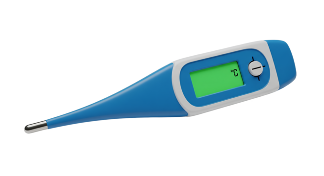 Modern Blue and White Digital Thermometer with Blank Green Screen for Health Diagnostics, Temperature Measurement, and Illness Monitoring Isolated on Clean White Background