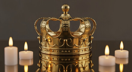 Polished gold crown reflecting light from candle flames  