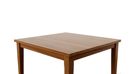 Fototapeta premium Modern Square Wooden Table with Rich Brown Grain Texture and Sturdy Legs, Set on a Matching Hardwood Floor Against a Clean White Background, Ideal for Product Display or Copy Space