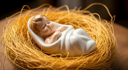 Ceramic figurine of baby Jesus resting on a golden straw bedding  