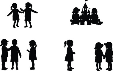 Silhouette of children playing, talking, and building castle together, teamwork, friendship, communication, creativity, imagination, childhood learning and fun concept