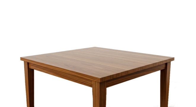 Modern Square Wooden Table with Rich Brown Grain Texture and Sturdy Legs, Set on a Matching Hardwood Floor Against a Clean White Background, Ideal for Product Display or Copy Space